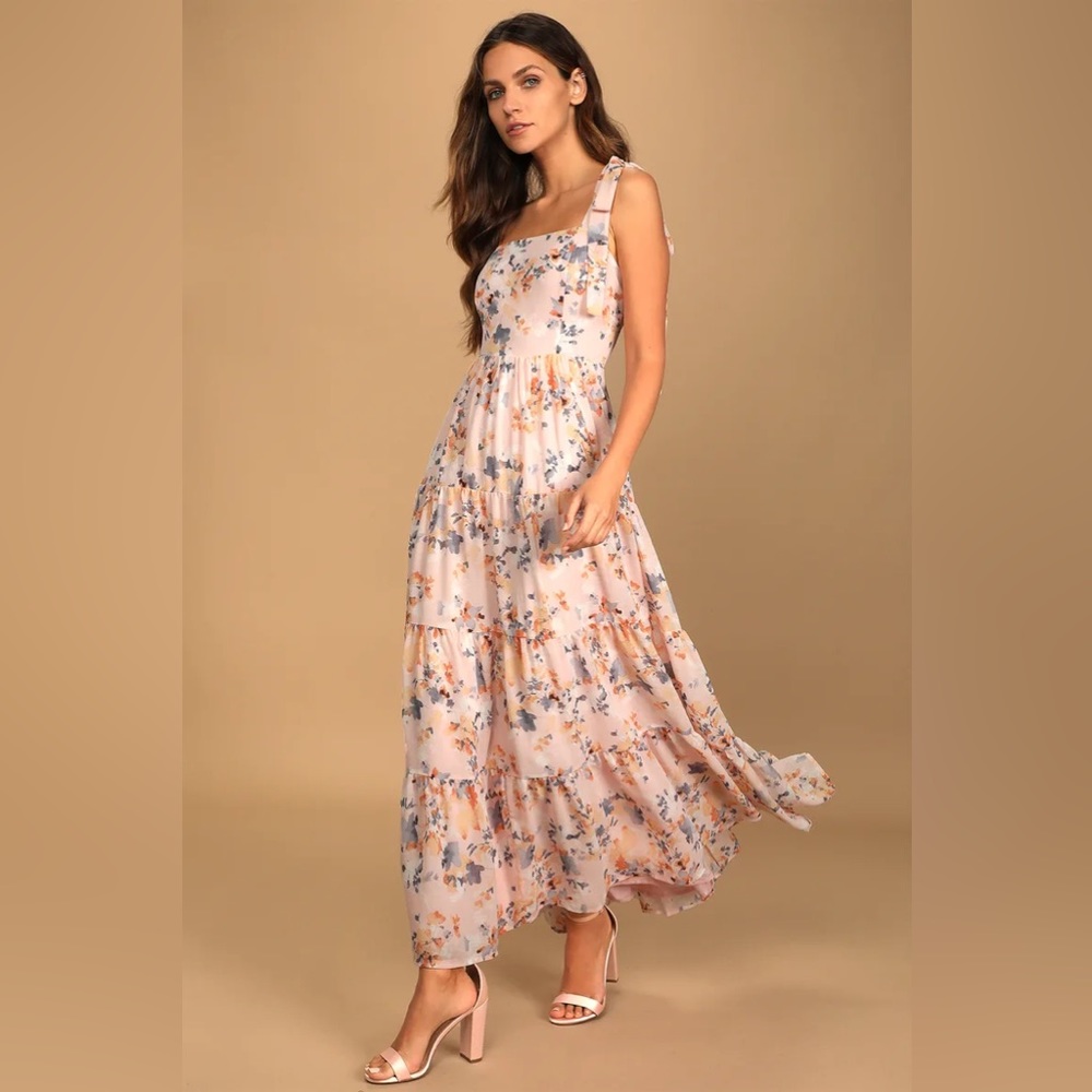 Lulus All Admiration Pink Floral Print Tie-Strap Tiered Maxi Dress